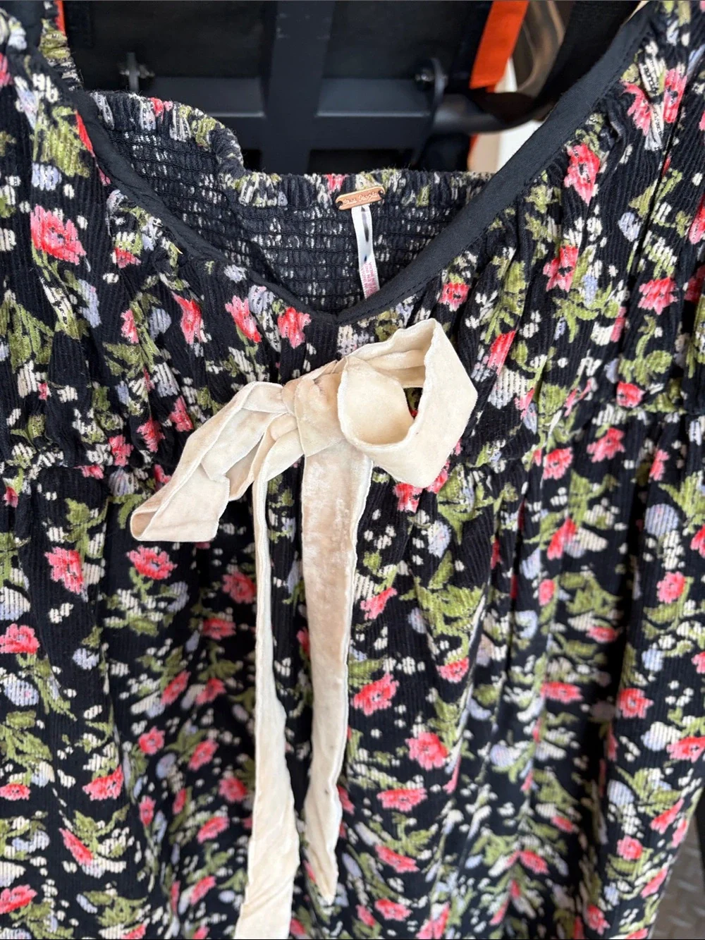 Free People Black Floral Peasant Blouse with Cream Tie